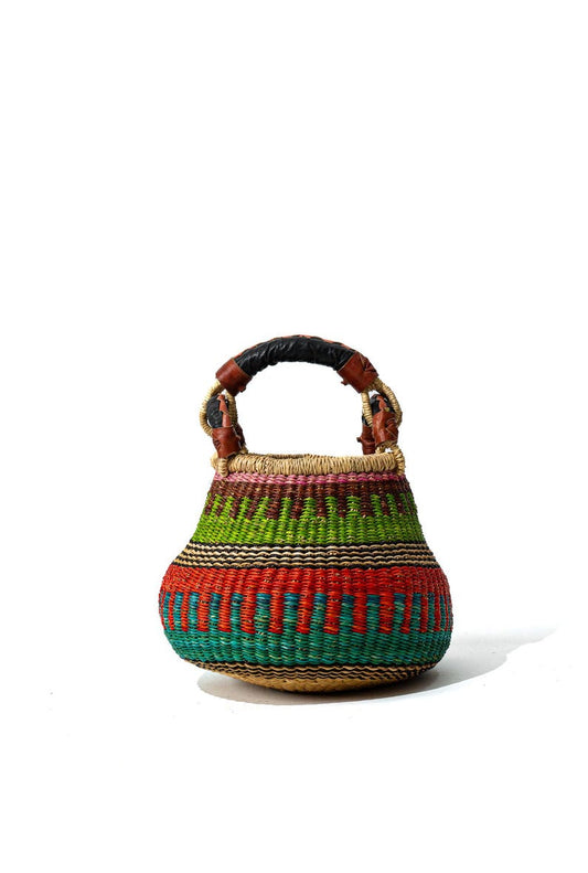Small Bolgatanga Pot Basket – Handwoven with Leather Handle